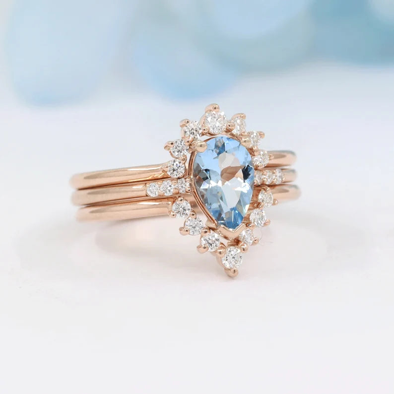 14K PEAR AQUAMARINE RING DIAMOND CROWN BAND 3 RING SET