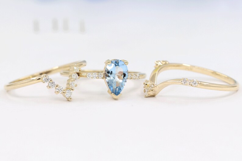 14K PEAR AQUAMARINE RING DIAMOND CHEVRON BAND 3 RING SET