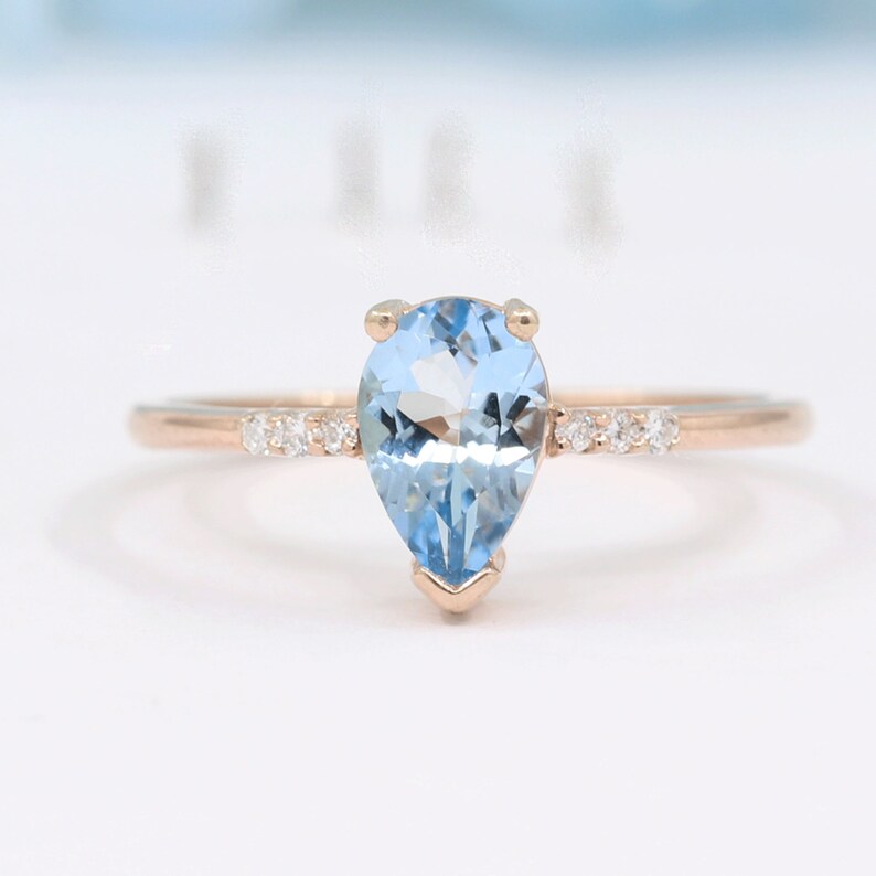 14K PEAR AQUAMARINE RING DIAMOND CHEVRON BAND 3 RING SET