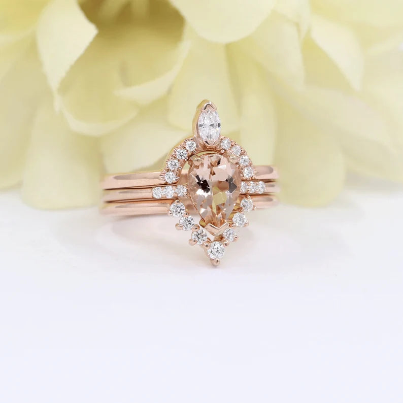 14K PEAR MORGANITE RING MARQUISE DIAMOND CROWN U BAND 3 RING SET