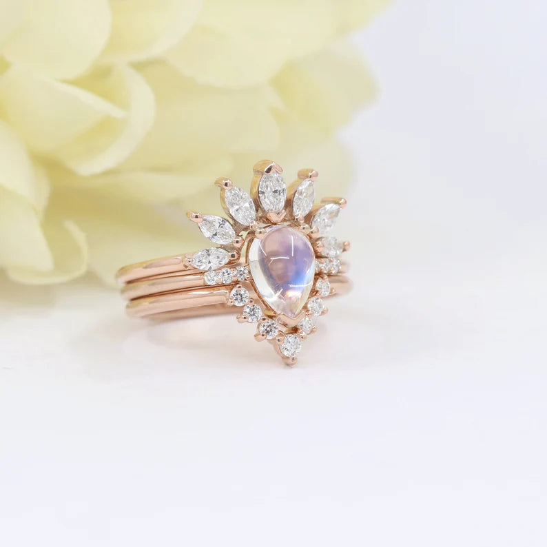 14K MOONSTONE RING MARQUISE DIAMOND CROWN U BAND 3 RING SET