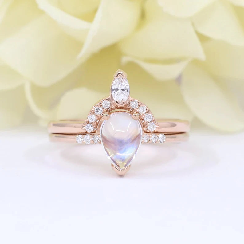 14K MOONSTONE RING MARQUISE DIAMOND CROWN U BAND 2 RING SET