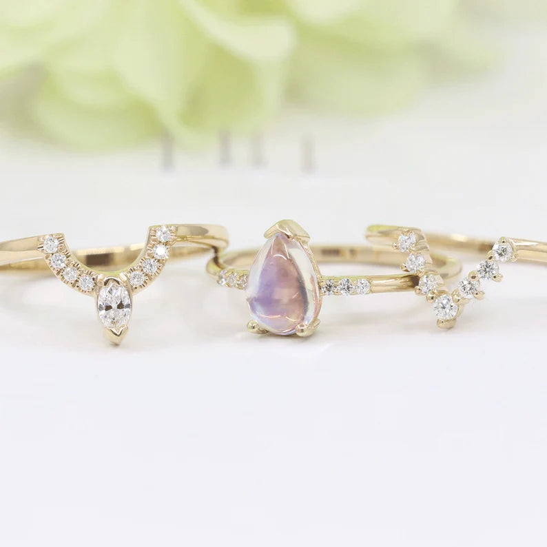14K MOONSTONE RING MARQUISE DIAMOND CROWN U BAND 3 RING SET