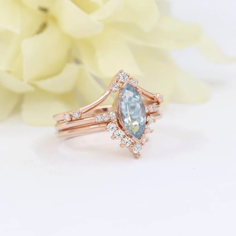 14K MARQUISE AQUAMARINE RING DIAMOND CHEVRON BAND 3 RING SET