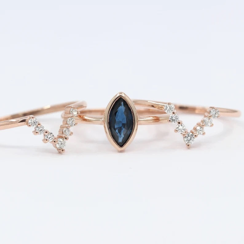 14K MARQUISE SAPPHIRE BEZEL DIAMOND V BAND 3 RING SET