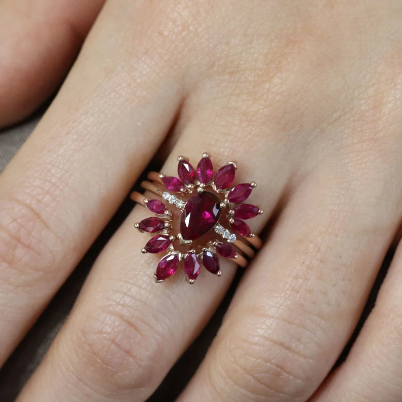 14K RUBY BEZEL RING MARQUISE RUBY CROWN U BAND 3 RING SET