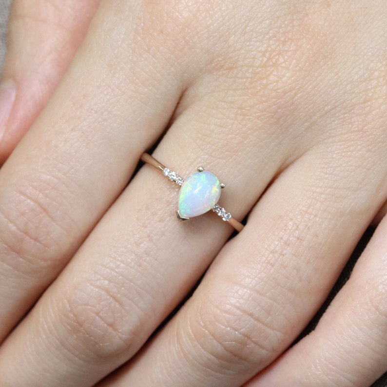 14K PEAR OPAL DIAMOND SOLITAIRE RING