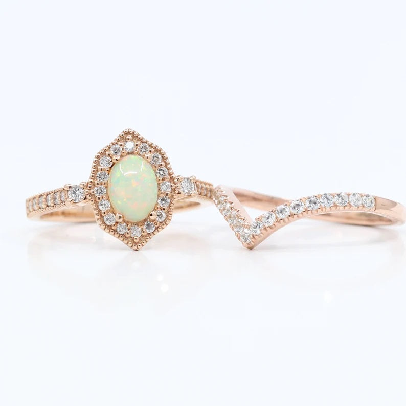 14K OPAL DIAMOND HALO CURVED BAND VINTAGE STYLE 2 RING SET