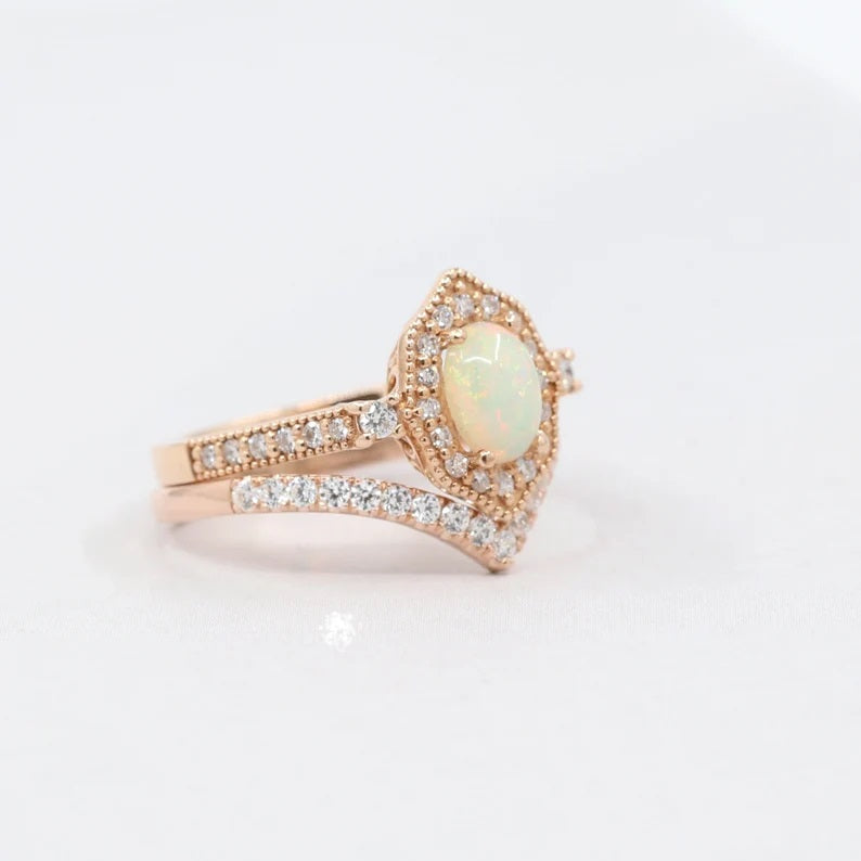 14K OPAL DIAMOND HALO CURVED BAND VINTAGE STYLE 2 RING SET