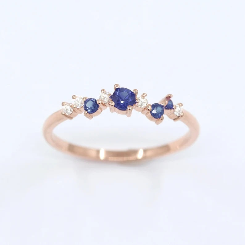 14K SAPPHIRE DIAMOND CLUSTER BAND
