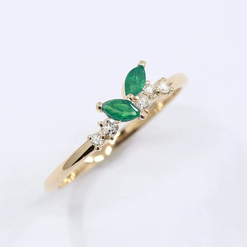 14K 2 MARQUISE EMERALD DIAMOND CLUSTER BAND