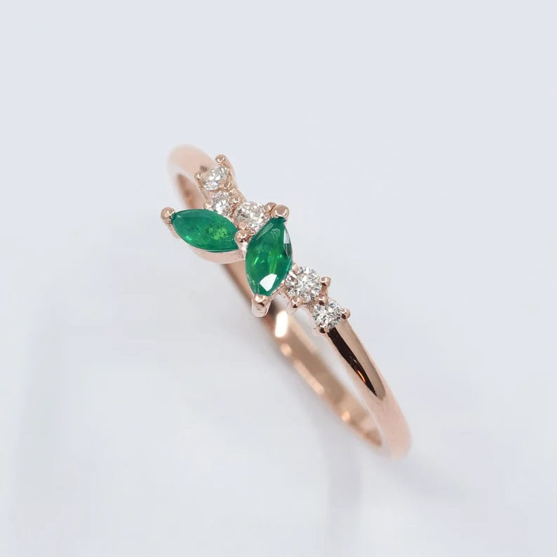 14K 2 MARQUISE EMERALD DIAMOND CLUSTER BAND
