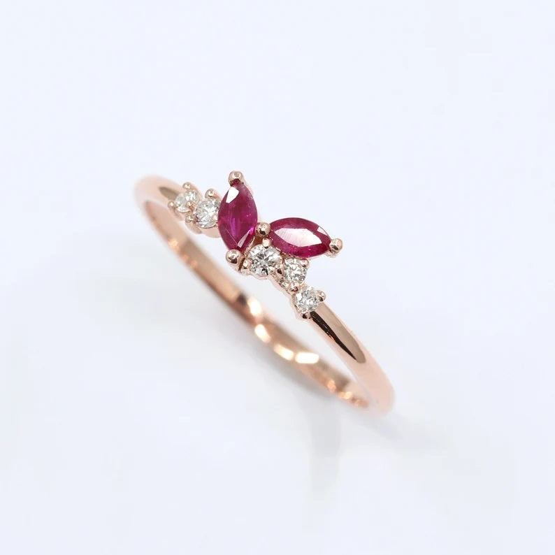 14K 2 MARQUISE RUBY DIAMOND CLUSTER BAND