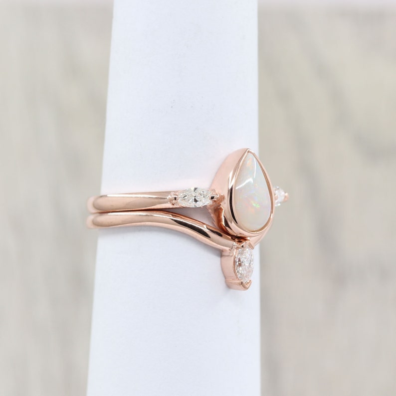 14K PEAR OPAL BEZEL RING MARQUISE DIAMOND CURVE BAND 2 RING SET