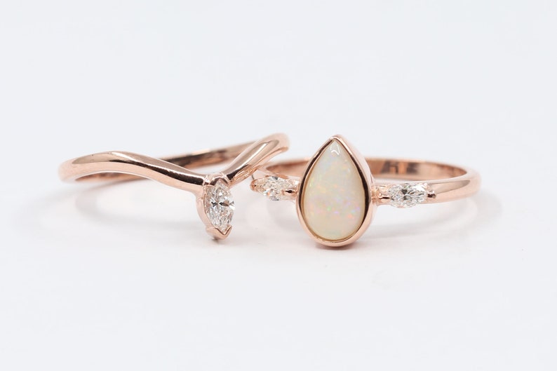 14K PEAR OPAL BEZEL RING MARQUISE DIAMOND CURVE BAND 2 RING SET