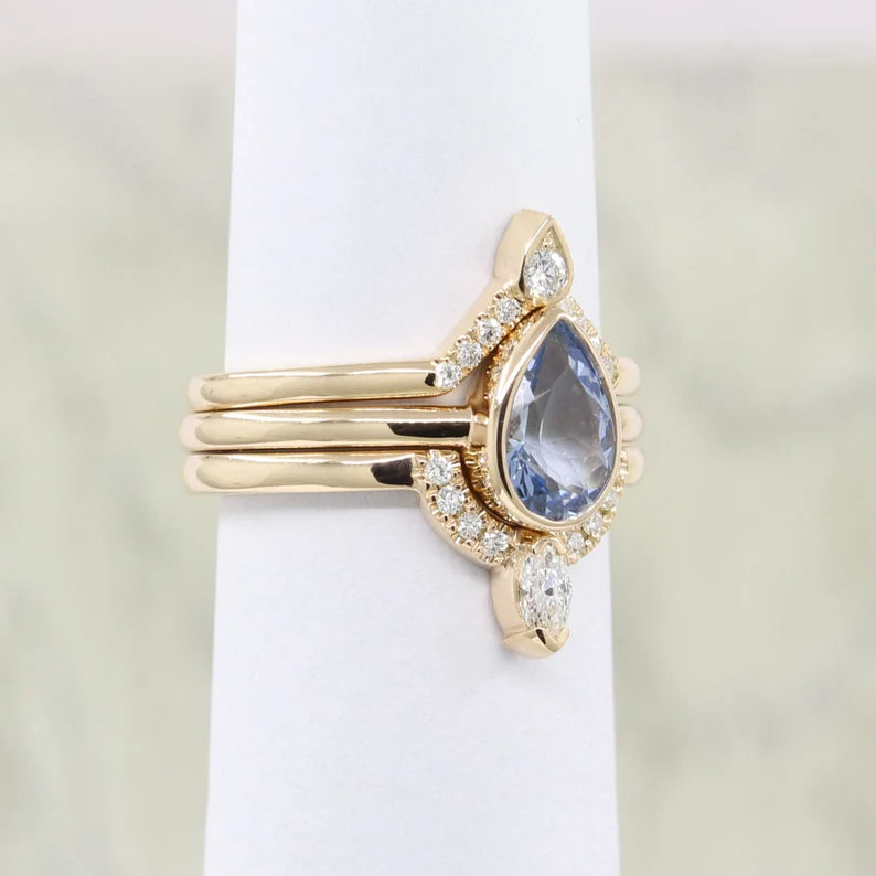 14K PEAR AQUAMARINE BEZEL RING DIAMOND BAND 3 RING SET