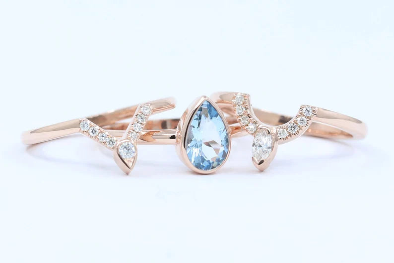 14K PEAR AQUAMARINE BEZEL RING DIAMOND BAND 3 RING SET