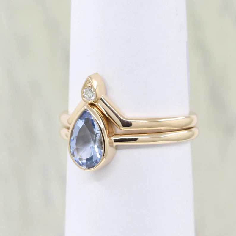 14K PEAR AQUAMARINE BEZEL RING DIAMOND V BAND 2 RING SET