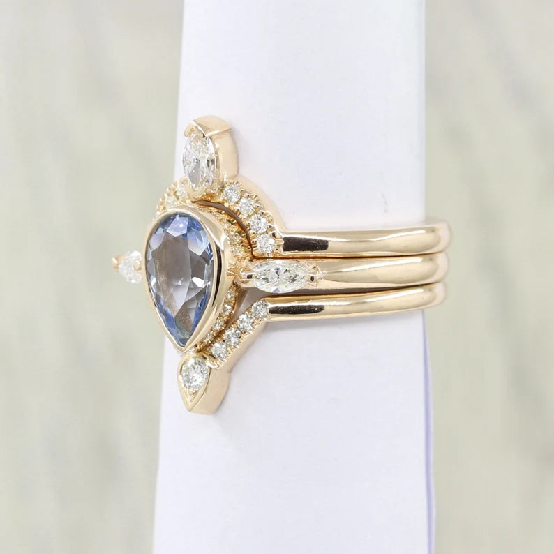 14K PEAR AQUAMARINE BEZEL RING DIAMOND V BAND 3 RING SET