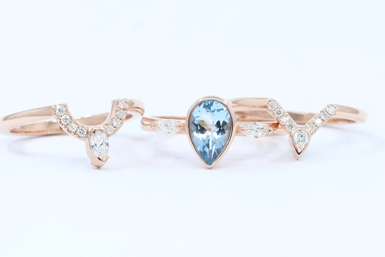 14K PEAR AQUAMARINE BEZEL RING DIAMOND V BAND 3 RING SET