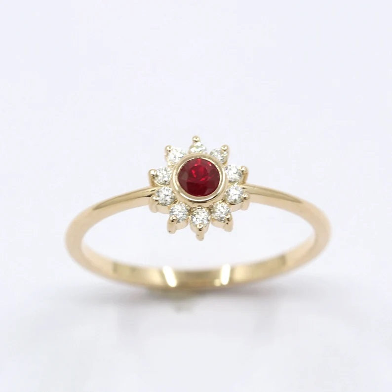 14K RUBY BEZEL DIAMOND FLOWER RING