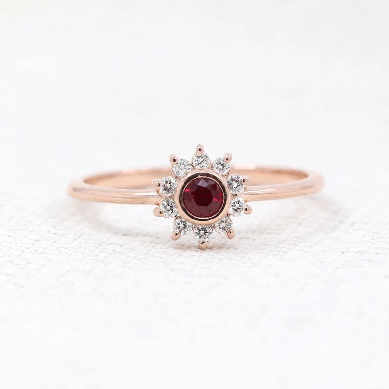 14K RUBY BEZEL DIAMOND FLOWER RING