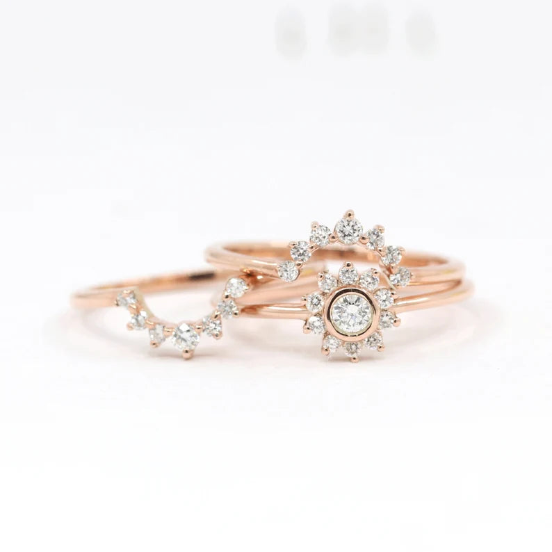 14K DIAMOND BEZEL FLOWER CROWN BAND 3 RING SET