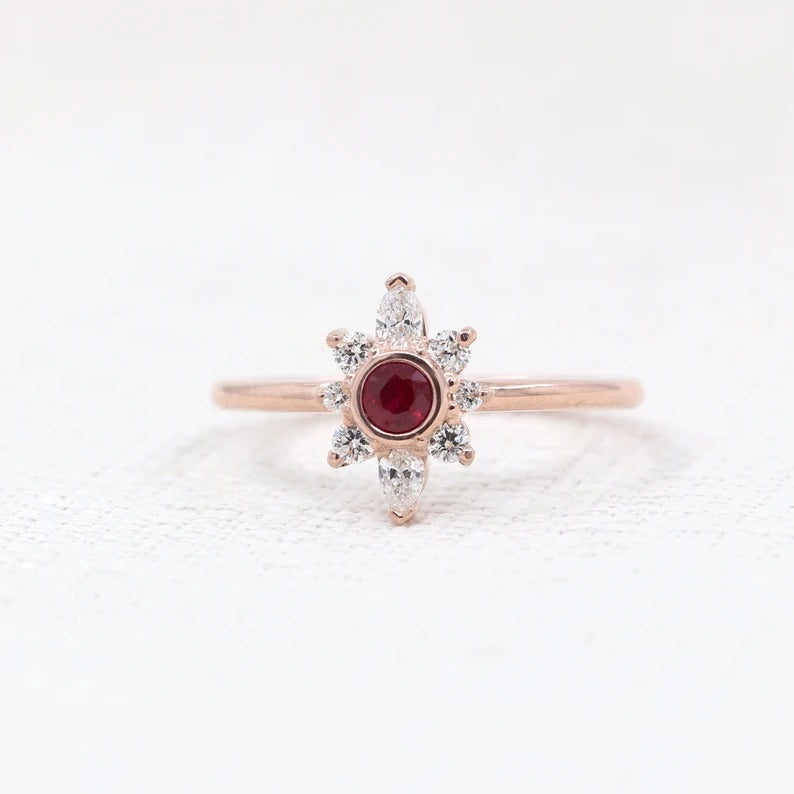 14K RUBY BEZEL DIAMOND FLOWER RING