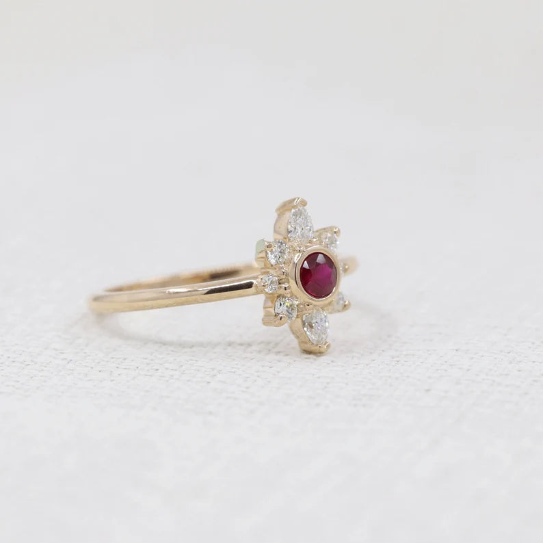 14K RUBY BEZEL DIAMOND FLOWER RING
