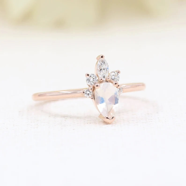 14K MOONSTONE DIAMOND CROWN RING