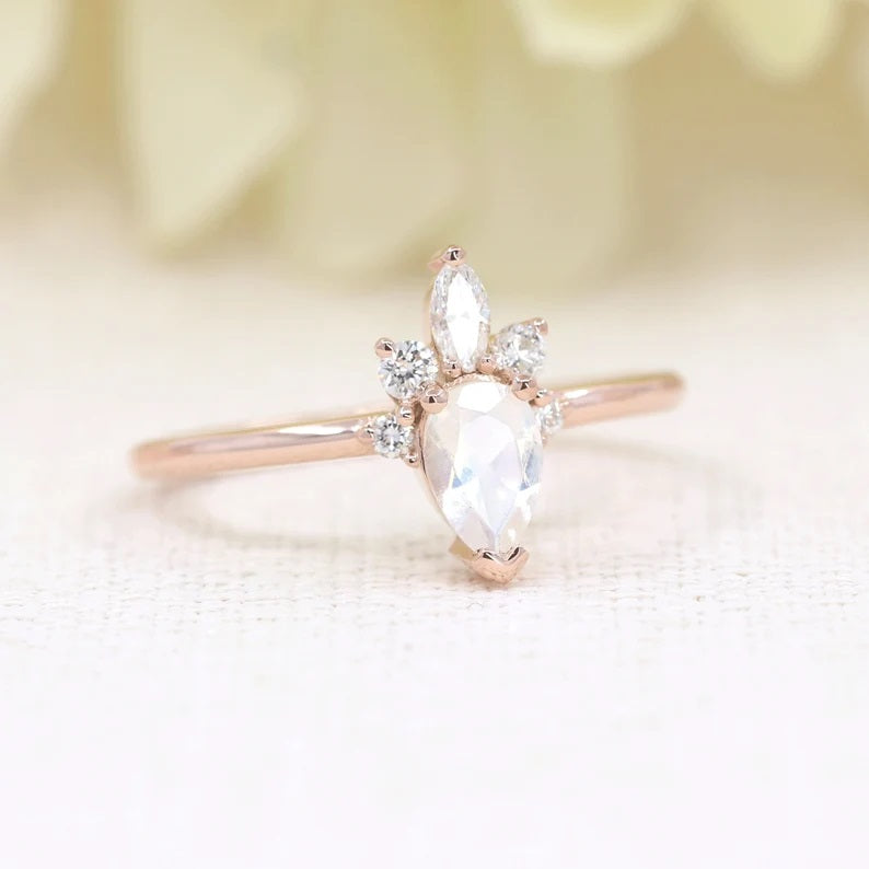 14K MOONSTONE DIAMOND CROWN RING