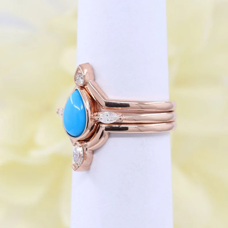 14K TURQUOISE BEZEL RING DIAMOND BAND 3 RING SET