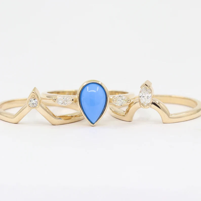14K TURQUOISE BEZEL RING DIAMOND BAND 3 RING SET