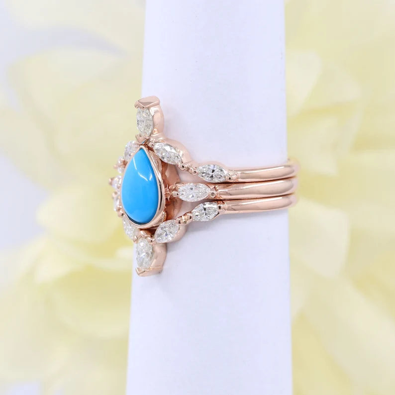 14K TURQUOISE BEZEL RING MARQUISE DIAMOND CHEVRON BAND 3 RING SET