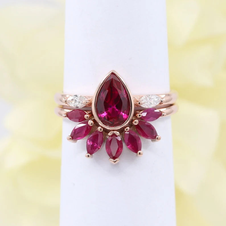 14K RUBY BEZEL RING MARQUISE RUBY CROWN U BAND 2 RING SET