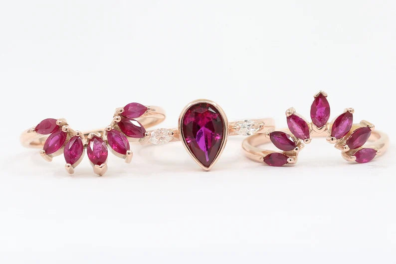 14K RUBY BEZEL RING MARQUISE RUBY CROWN U BAND 3 RING SET