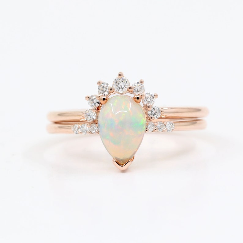 14K PEAR OPAL RING DIAMOND CROWN U BAND 2 RING SET