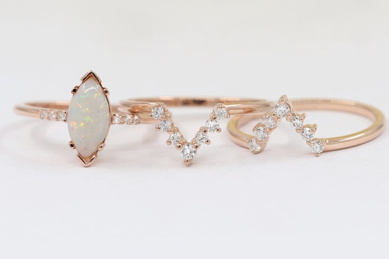 14K MARQUISE OPAL RING DIAMOND V BAND 3 RING SET