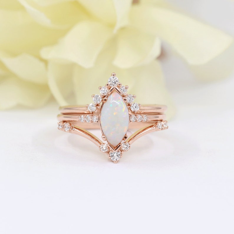 14K MARQUISE OPAL RING DIAMOND CHEVRON BAND 3 RING SET