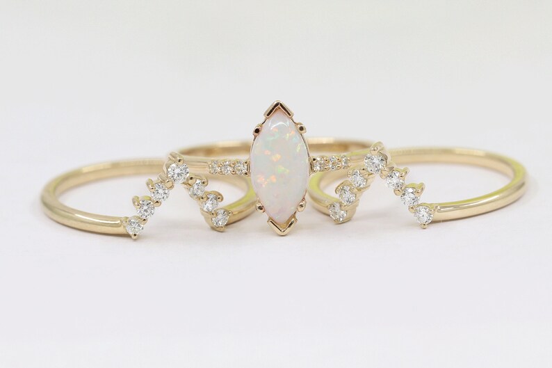 14K MARQUISE OPAL RING DIAMOND V BAND 3 RING SET