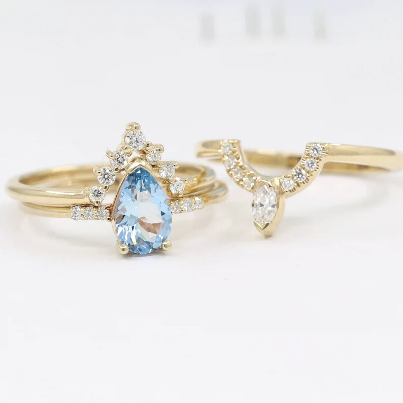 14K PEAR AQUAMARINE RING MARQUISE DIAMOND CROWN U BAND 3 RING SET
