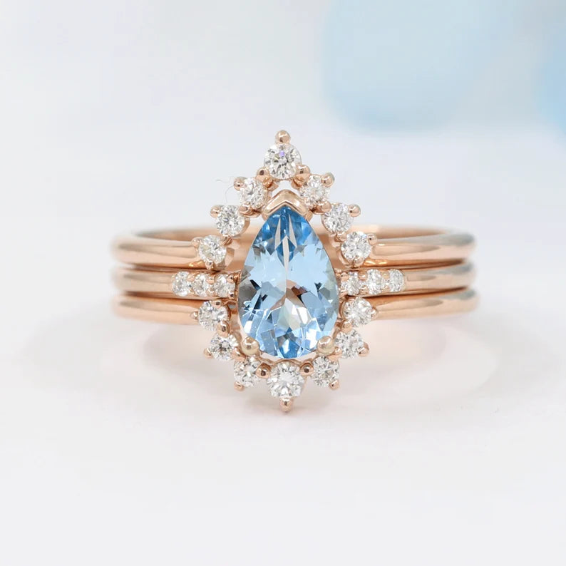 14K PEAR AQUAMARINE RING DIAMOND CROWN BAND 3 RING SET