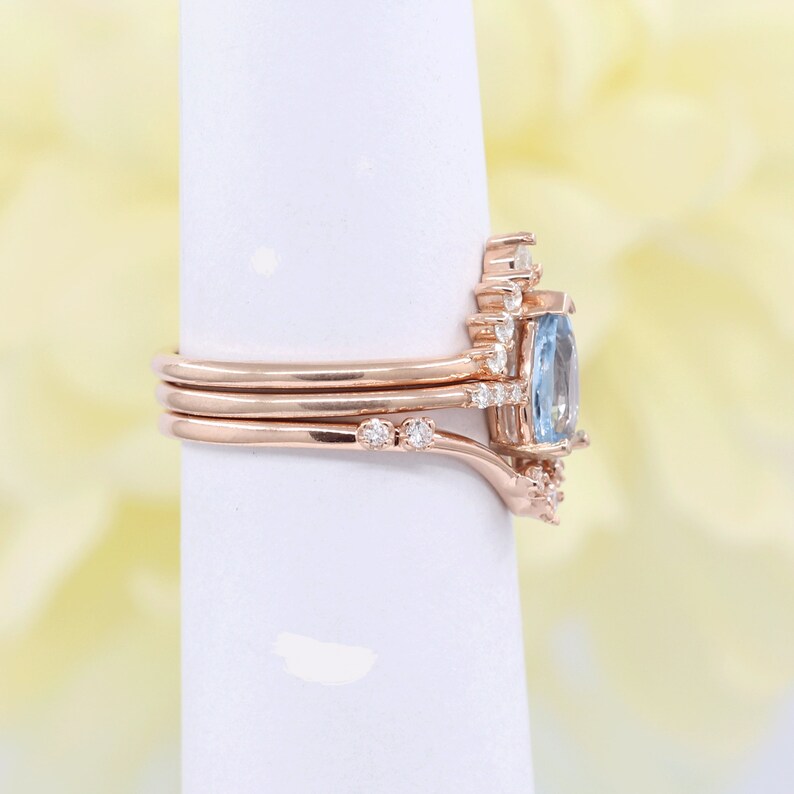 14K PEAR AQUAMARINE RING DIAMOND CHEVRON BAND 3 RING SET