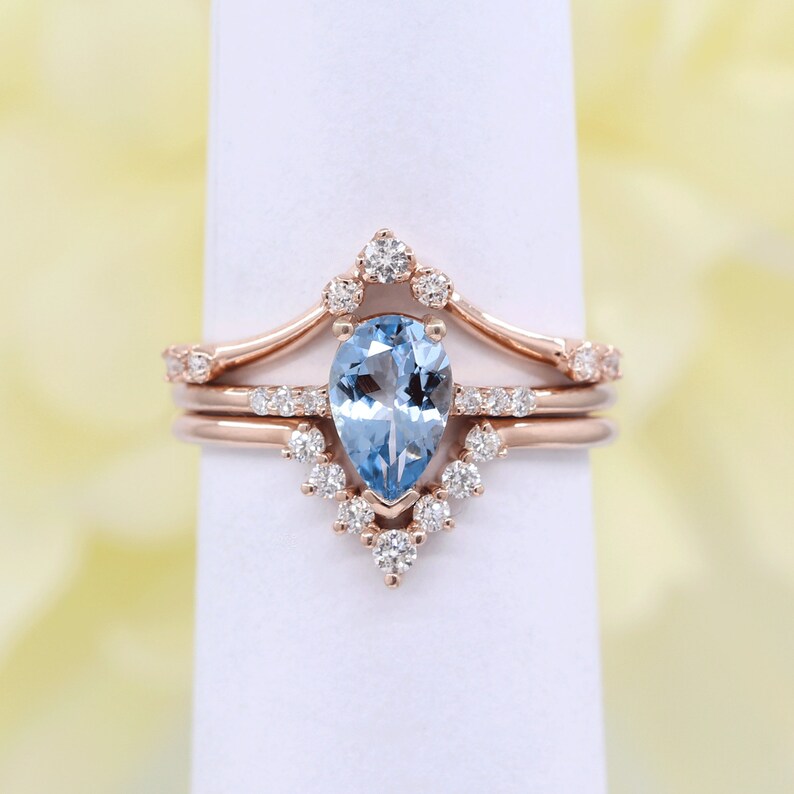 14K PEAR AQUAMARINE RING DIAMOND CHEVRON BAND 3 RING SET