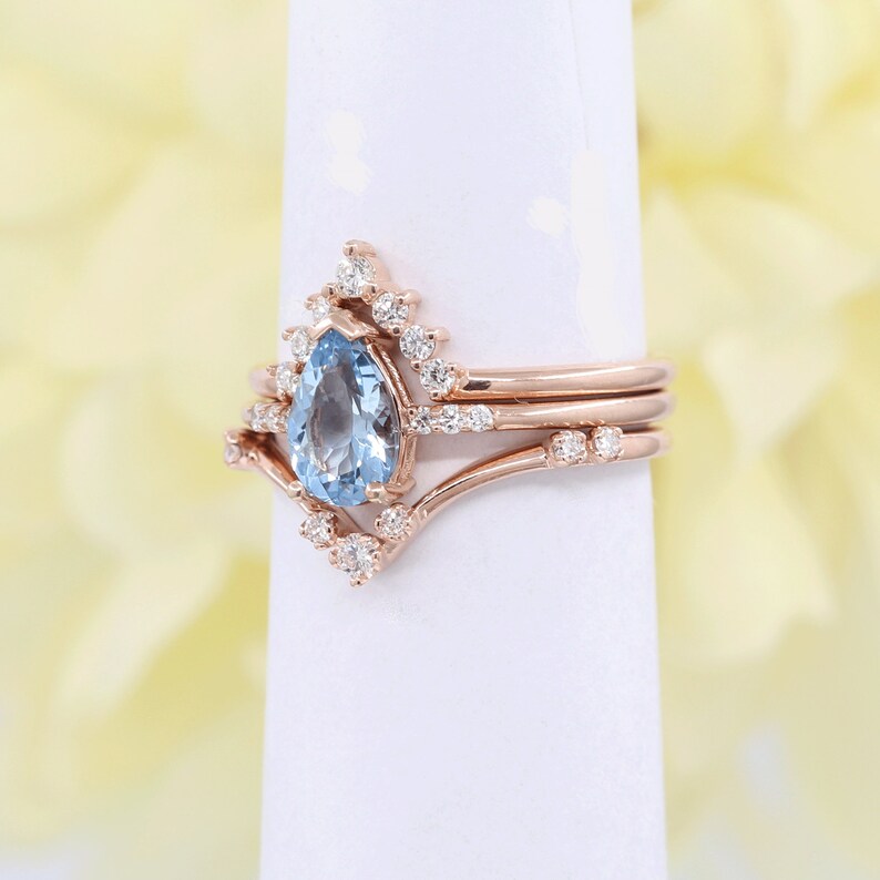 14K PEAR AQUAMARINE RING DIAMOND CHEVRON BAND 3 RING SET