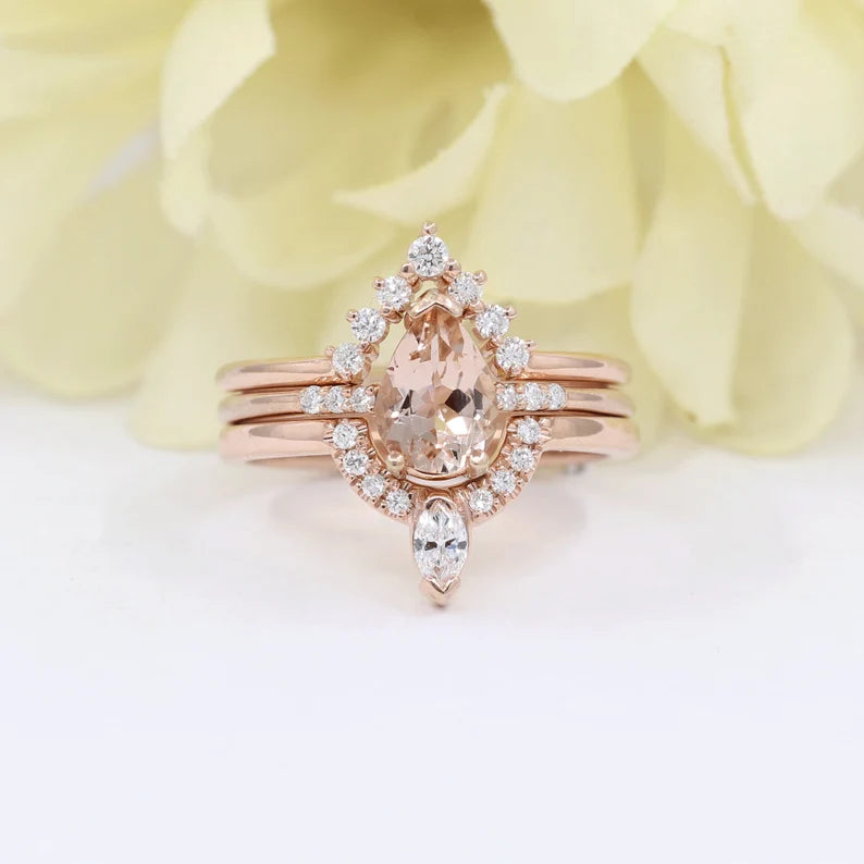 14K PEAR MORGANITE RING MARQUISE DIAMOND CROWN U BAND 3 RING SET