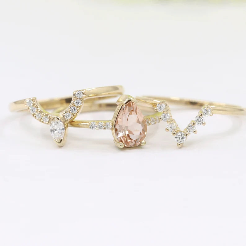 14K PEAR MORGANITE RING MARQUISE DIAMOND CROWN U BAND 3 RING SET