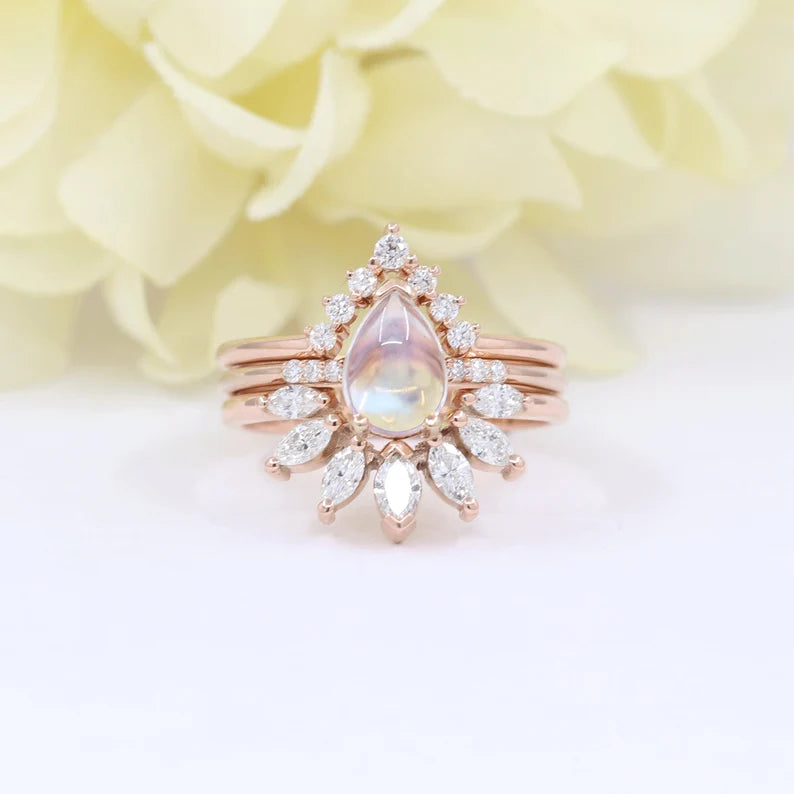 14K MOONSTONE RING MARQUISE DIAMOND CROWN U BAND 3 RING SET