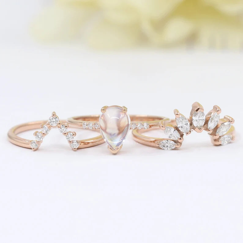 14K MOONSTONE RING MARQUISE DIAMOND CROWN U BAND 3 RING SET