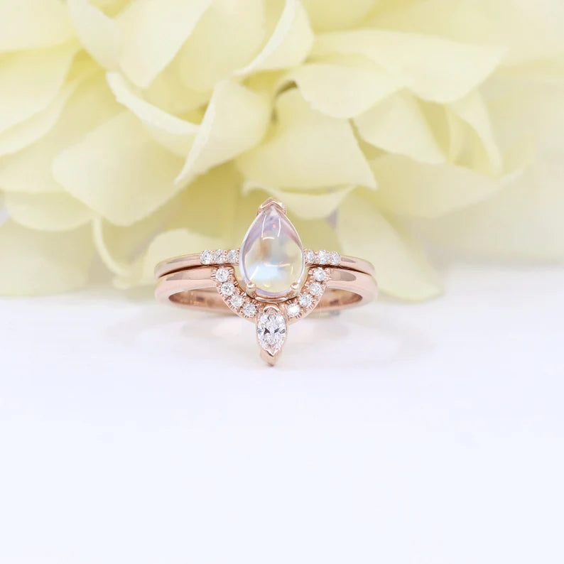 14K MOONSTONE RING MARQUISE DIAMOND CROWN U BAND 2 RING SET